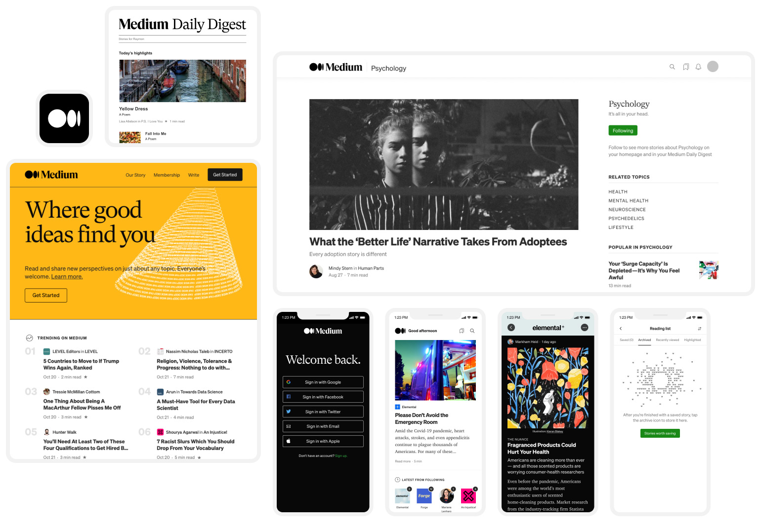 Medium's evolved brand as seen on various product surfaces, including dark mode on app. Additional designs by Abby Aker (email digest) and Ryan Hubbard (web homepage).