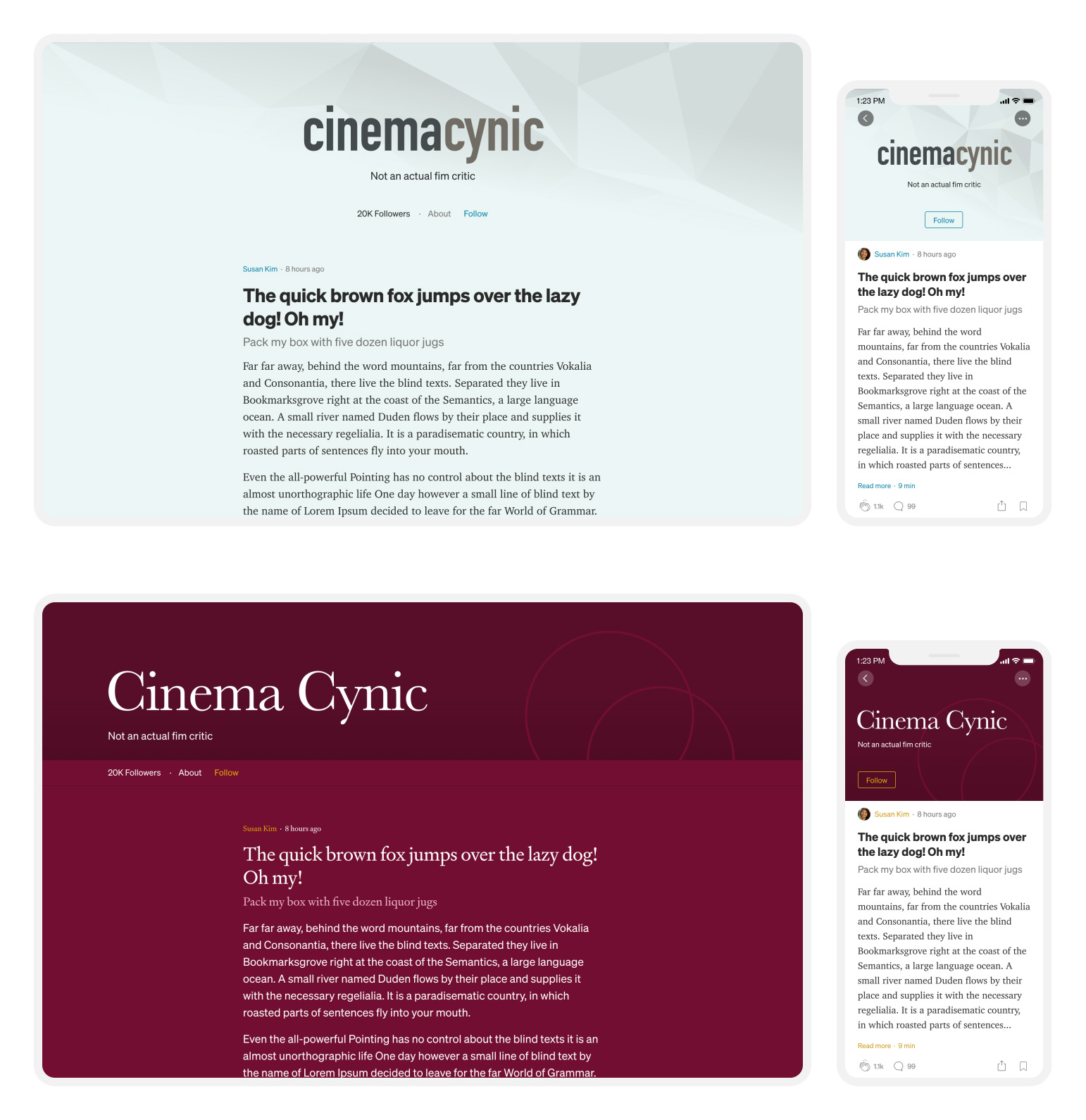 An example of different themes being applied to the same publication to convey a sense of brand, place, and context. The app's official first version would show essential parts of the customization, with a more complete implementation to follow.